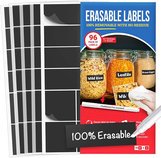 MESS Reusable Chalkboard Labels for Food Containers, 96-Pack (1x3 & 1.5") – Erasable Dry Erase Stickers – Removable Kitchen Labels for Fridge, Freezer & Organizing