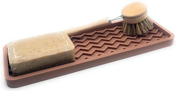Happitasa Silicone Kitchen Sink Organizer Tray, Sponge Holder and Countertop Protector | Bathroom and Kitchen Soap Dish and Dispenser Tray (Mocha, 12" x 4", 9.2 Ounces, Zigzag)