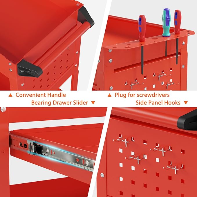 3 Tier Rolling Tool Cart with Drawers, Heavy Duty Utility Cart on Wheels, Large Storage Capability Service Cart for Garage, Warehouse and Repair Shop (Red)
