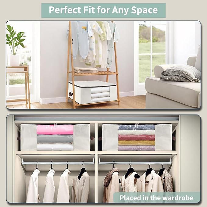 3-Pack 25.5x17.7x9 Inch Clear Window Storage Bags - Foldable Canvas Organizers for Clothes, Blankets & Pillows with Triple-Zip & Carry Handles - Beige Closet/RV Storage Solution