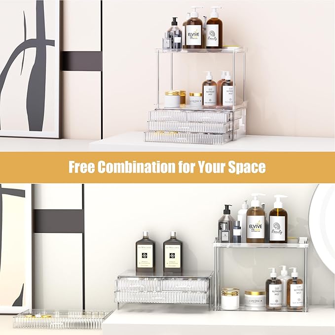 Acina 2-Tier Bathroom Organizer Countertop: Multi-Purpose Makeup Organizer - Large Skincare Exquisite Vanity Organizer for Cosmetics, Perfume Amber Clear