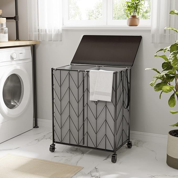WOWLIVE Laundry Basket with Wheels, Heavy Duty Laundry Hamper with Wood Lid, Clothes Hamper with Divided Removable Liner Bag, Large Capacity Iron-Made Laundry Sorter Laundry Room Organization (Grey)