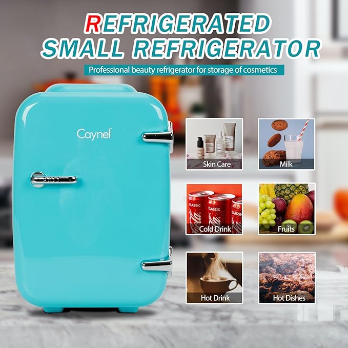 CAYNEL Mini Fridge, 4 Liter/ 6 Cans Small Refrigerator for Bedroom, 110V AC/ 12V DC Thermoelectric Cooler and Warmer for Drink Office Dorm Car, Blue