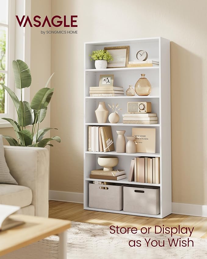 VASAGLE Custos Collection - Bookshelf, 6-Tier Bookcase, Book Shelf, Open Storage Shelf, 9.4 x 31.5 x 63.3 Inches, for Living Room, Home Office, Dining Room, Cloud White ULBC412W01