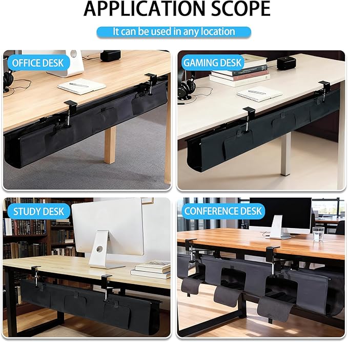 Under Desk Cable Management Tray, 36" No Drill Standing Desk Cable Organizer, Fabric Tray for Power Strips, Adapters & Cables, Black