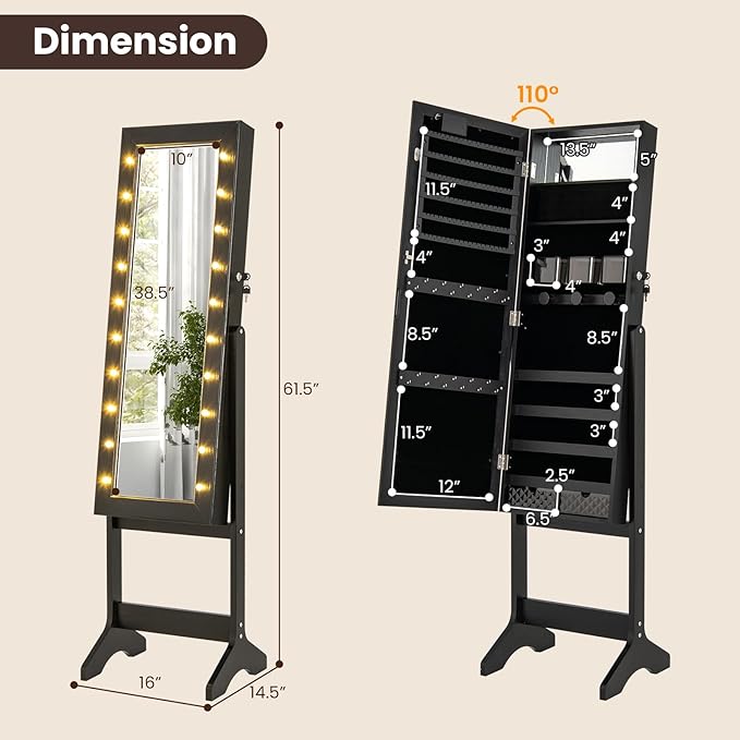 Giantex Standing Jewelry Armoire with Lighted Full Length Mirror, Lockable Jewelry Cabinet Organizer with 20 LED Lights, Adjustable Tilt, Large Storage for Earrings, Rings, Necklaces, Black