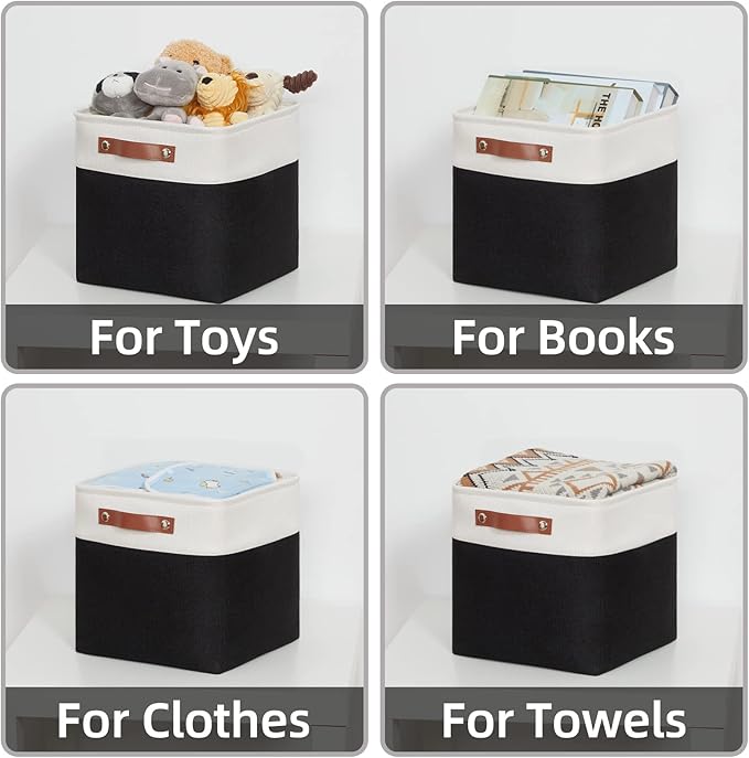 HNZIGE Foldable Storage Basket set,Fabric Storage Baskets for Shelves,Linen Closet Organizers (4 Pack) Storage Baskets,11x11 Storage Basket for Books,Clothes,Gifts with Handles(White&Black)