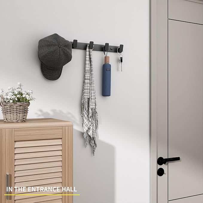Coat Hook Wall Rack Hanger - Double Coat Rack with 5 Hooks Wall Hooks for Hanging Hat Key Bag Towel Wall Mount Coat Rack, Black 2 Packs