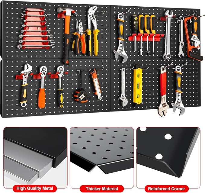 4Pcs Metal Pegboard Panels 24"x12" for Wall，Peg Boards for Garage Tools Pegboard Storage Organizer for Workbench, Shop,Bathroom,Office and Gaming Setup (Black, 24" x 12")