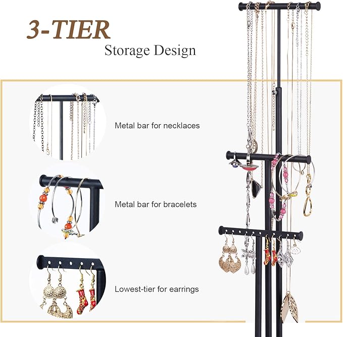 Love-KANKEI Jewelry Organizer Stand Metal & Wood Base and Large Storage Necklaces Bracelets Earrings Holder Organizer Gift Black and Weathered Grey