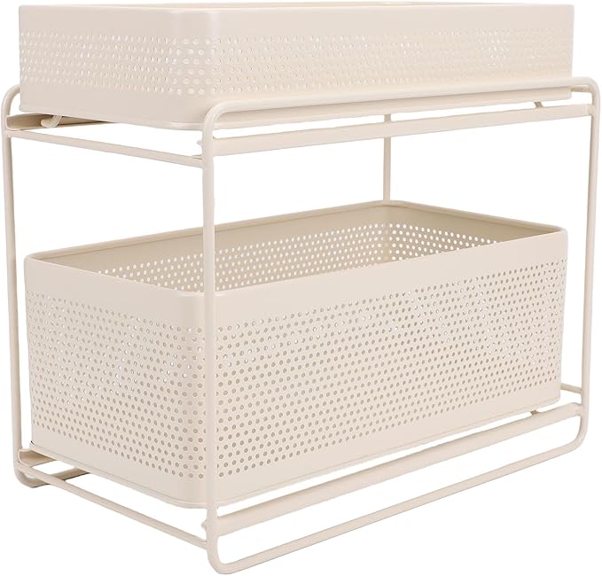 Slide Out Under Sink Organizer, 2 Tier Steel Sink Shelf Cabinet Storage Seasoning Organizer Rack with Guardrails for Kitchen Bathroom Laundry Room Office School