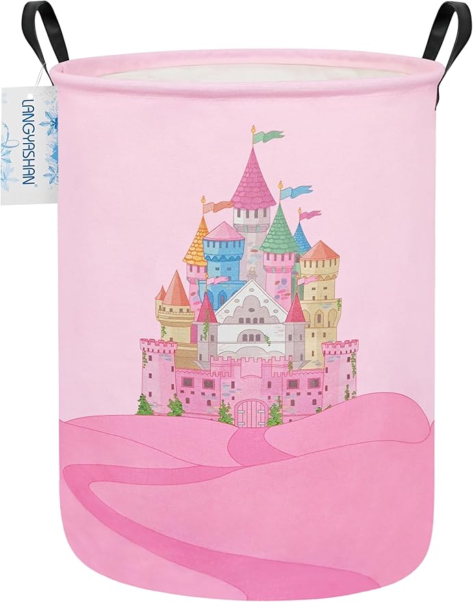LANGYASHAN Storage Bin, Canvas Fabric Collapsible Organizer Basket for Laundry Hamper,Toy Bins,Gift Baskets, Bedroom, Clothes,Baby Nursery (Round Castle)