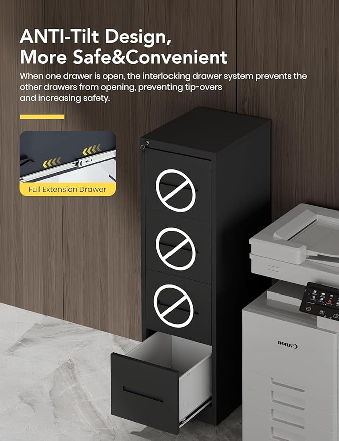 JOMEED 4-Drawer File Cabinet, Legal/Letter Size Storage, Full-Extension Drawers, Steel Construction, Lock System, 66 lbs Per Drawer Capacity