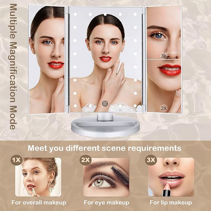 Tri-fold Lighted Vanity Makeup Mirror with 3x/2x Magnification,21 LEDs Light and Touch Screen,180 Degree Free Rotation Countertop Cosmetic Mirror,Travel (White)