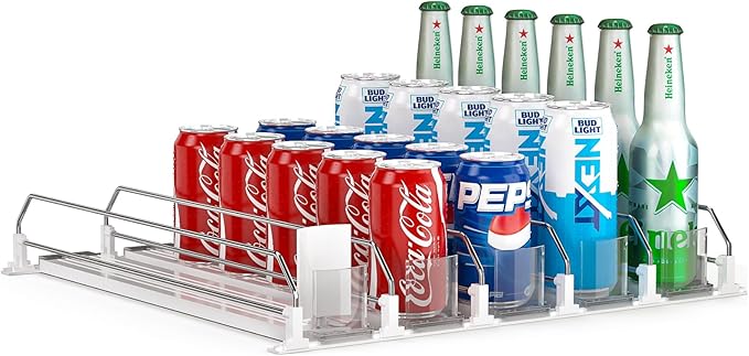 Soda Can Dispenser for Refrigerator,Self-Pushing Drink Organizer for Fridge, Width Adjustable Fridge Organization, Beer Pop Can Water Bottle Drink Dispenser for Fridge (15.1"D) White (5 Row, White)