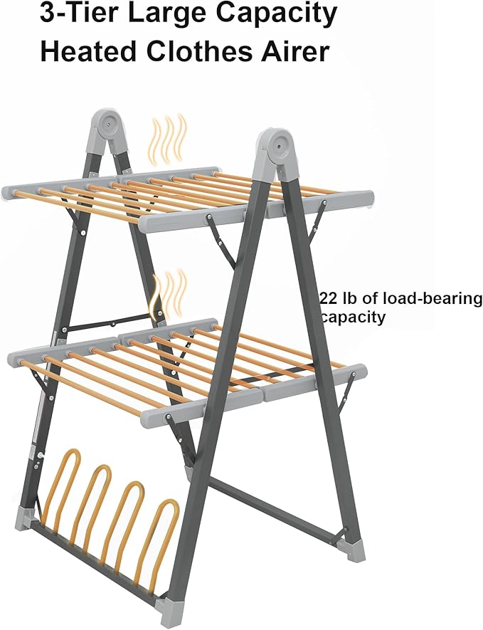 Electric Heated Clothes Drying Rack,Foldable Heated Garment Dryer with Timer Shut-Off Laundry Rack for Clothes Shoes Socks,Aluminum Alloy,Space Gray,Plug & Play,(39.37x25.98x23.82in)