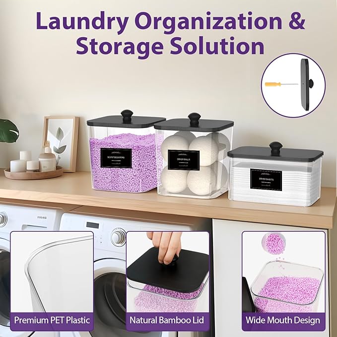2+1 Pack Clear Laundry Pods Container & Dryer Sheet Holder, Plastic Square Laundry Room Organization and Storage Jars with Black Lids, Scoops & Labels for Detergent, Powder, Dryer Balls