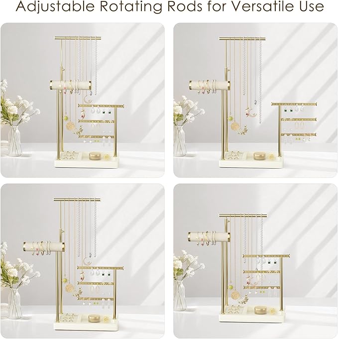 SZQINJI 5 Tier Jewelry Holder Organizer, Gold Jewelry Stand with Velvet Bracelet Holder, Adjustable Height Jewelry Display for Necklaces, Bracelets, Earrings, Rings, Gift Idea for Women, Beige