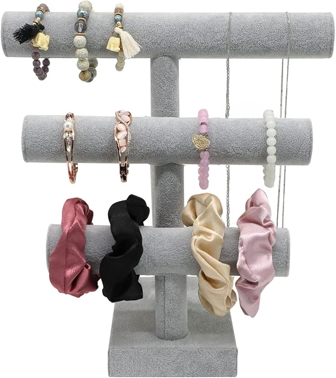Wudygirl Ice Velvet Bracelet Display Stand with 3 Tier T-Bar Removable Bangle Holder Organizer for Bracelet Necklace Watch Hair Ties(Ice Velvet)