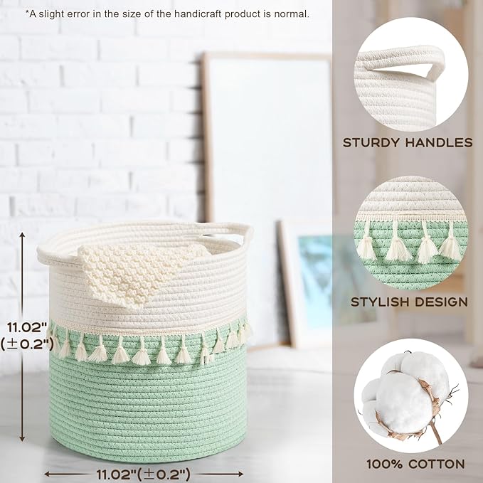 danpinera 11 Inch Woven Baskets for Storage, 3 Storage Baskets for Organizing in Laundry, Living Room, Nursery, Cute Rope Boho Baskets for Shelves, Decorative Storage Basket, Green