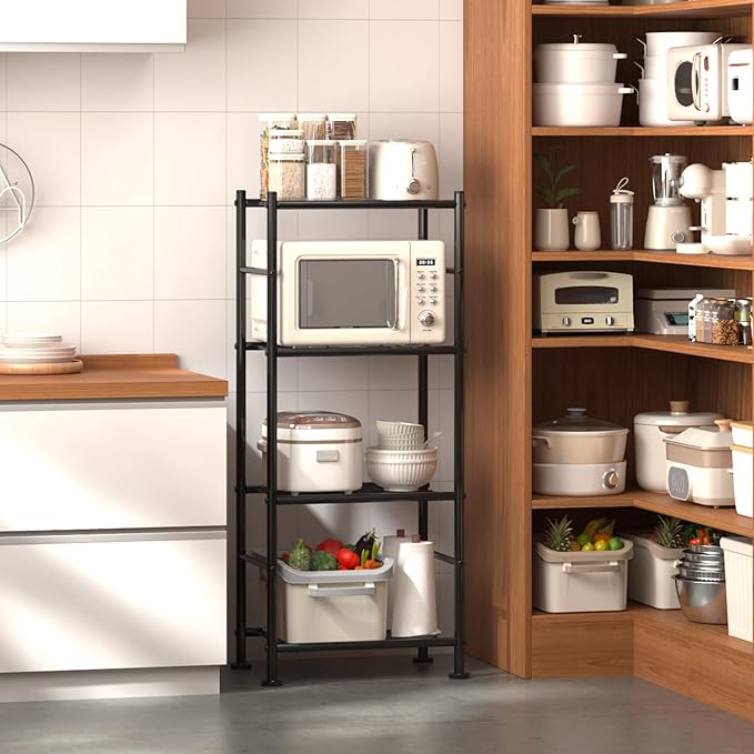 Storage Shelves - Set of 2, 4-Tier Metal Shelf Organizer, Space-Saving Garage Shelving with Leveling Feet, Standing Shelves Organizer for Kitchen, Laundry, Pantry (18.1"x12.3"x44.1", Black)