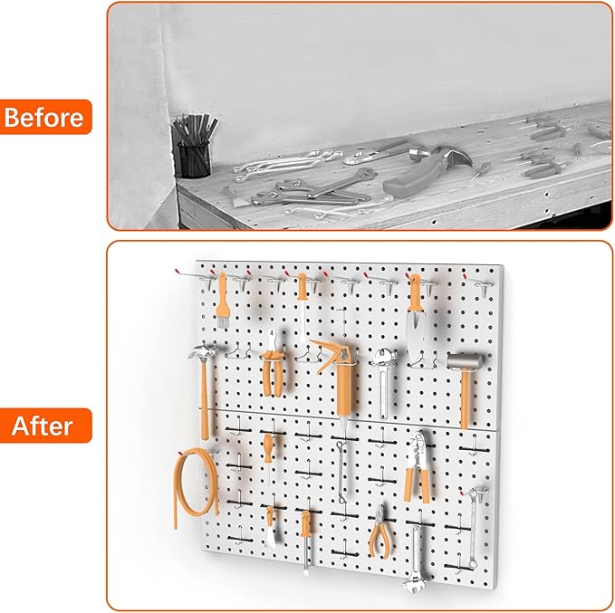 TORACK Metal Pegboard Wall Tool Organizer 24" x 24" or 12" x 48", 70 PCS Tools Storage Pegboard for Garage Peg Board Tool Organizer Board with Hooks for Workbench(Grey)