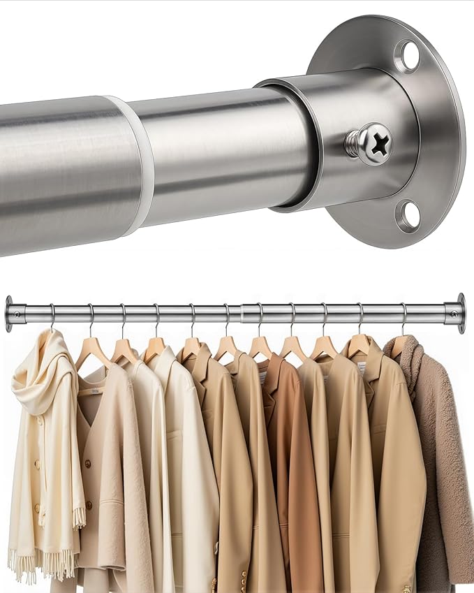 Closet Rods for Hanging Clothes, 17-64 Inch Heavy Duty and Stepless Adjustable Closet Poles, Stainless Steel Closet Hanging Rod for Closet, Wardrobes, Laundry Room, Bathroom, RV (Silver)