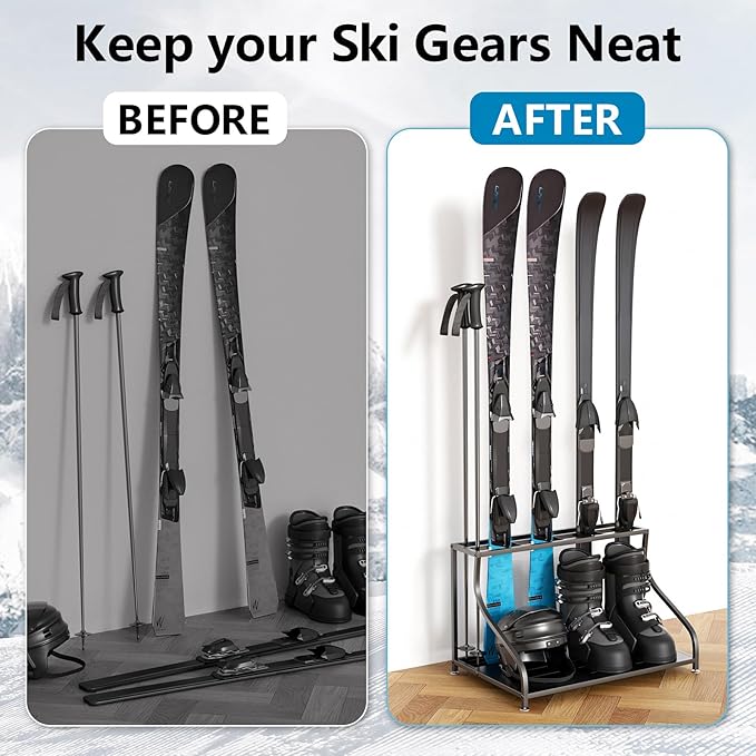 Ski Storage Rack-Holder Garage - Freestanding Ski Equipment Organizer Ski Boot Snowboard Rack Stand Snow Gear Storage