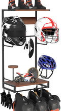 Motorcycle Helmet Holder Wall Mount, Rustic Helmet Rack With 4 Hat Stands and 2 Wooden Shelves, Motor Gear Accessories Storage for Men, 4 Clips, 5 Hooks for Glove Key Jacket Hanging