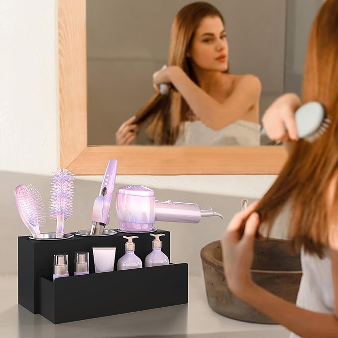 Hair Tool Organizer, Detachable Acrylic Hair Dryer Holder for Bathroom, Hair Styling Accessories Curling Iron Hot Tools Organizer with 3 Cups, Countertop Vanity Storage (Matte Black)