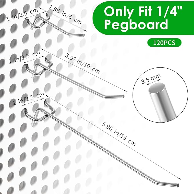 120pcs Pegboard Hooks Peg Board Shelving Hooks Peg Board Hook for Hanging Stainless Steel Hanging Boards Pegs Wall Display Hook Bulk Pegs Boards Tool Hangers for Garage Craft Room Kitchen Store