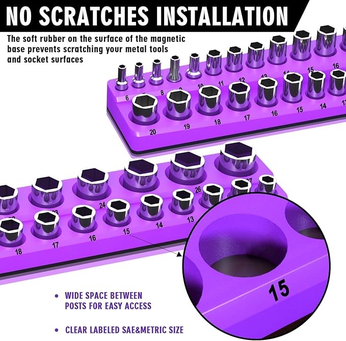 Magnetic Socket Organizer Set, 3-Piece Socket Holder Trays for 1/4" 3/8" 1/2" Drive Sockets, Organizes 68 Metric Sockets, Purple Tool Box Organizer (Sockets Not Included)