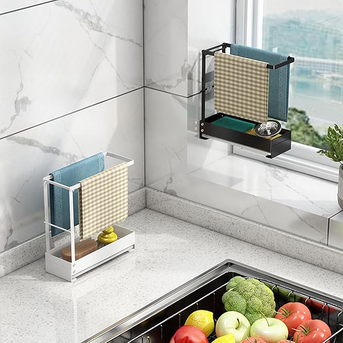 Collapsible Sink Holder Kitchen Tool Organizer Drain Tray with Cleaning Supplies Holder Storage Rack for Brushes and Detergent