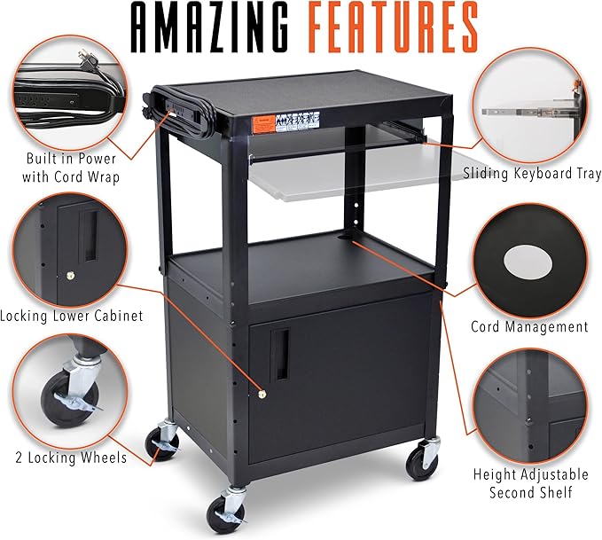 Stand Steady AV Cart with Locking Cabinet, Adjustable Height, UL Certified, Steel Frame, Black