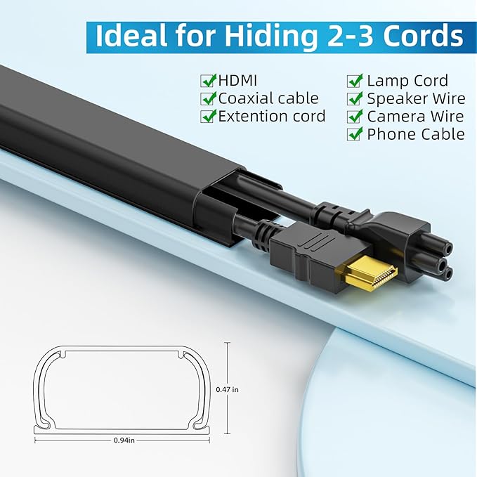 Yecaye 142in Wall Cord Hider for 2-3 Cords, On-Wall Cord Cover Channel, Cable Concealer, Cable Cover Cords Management for Home Office, W0.94in H0.47in, Black
