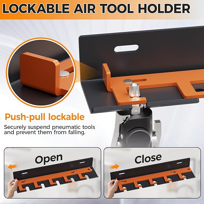 Air Tool Pneumatic Tool Holder,Wall Mount Air Tool Rack,Lockable Air Tool Hanger for Garage Shop Storage Organize,Fit 1/4" Standard Connection Accessories,Comes with Five Slots