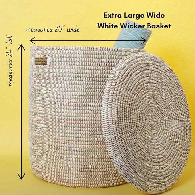 Extra Large White Storage Basket - Laundry Hamper, Baby Nursery Toys Bin, Living Room Blankets Storage, Towels Holder, Organizing, Decorative - Wicker, Woven, Lid, Handles