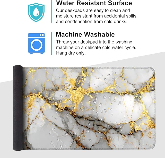 White Marble Mouse Pad – Large Extended Desk Mat 35.43 x 15.75 in – Elegant Gold Vein Design, Non-Slip Rubber Base, Waterproof Surface, Keyboard & Mouse Pad for Office, Gaming, Home Decor