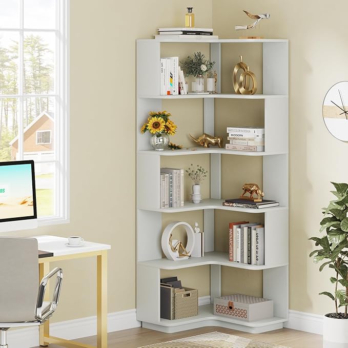 Tribesigns 6-Tier Corner Bookshelf, 64.96 Inch Tall Bookcase with Anti-Drop Panel, Modern Freestanding Corner Shelf Display Rack Storage Organizer for Home Office, Living Room, Silver Gray