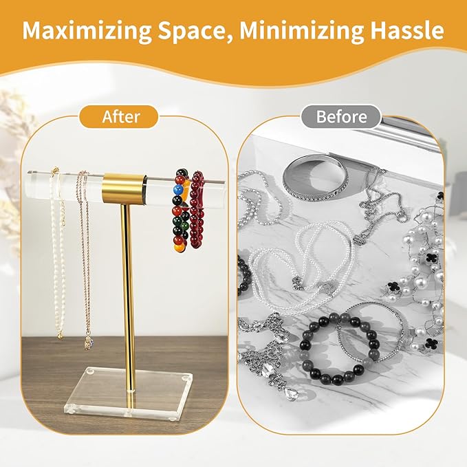 Acrylic Bracelet Holder Display Stand, Tangle-Free T-Bar Necklace Display for Vendors Retail Store Home, Clear Jewelry Organizer, Bangles Watch Holder Stands with Gold Stainless Rod