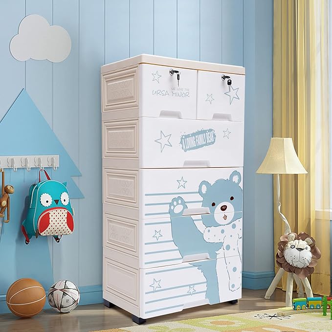 Plastic Drawers Dresser, 6 Drawers Storage Cabinet Polar Bear Tall Standing Dresser Bedside Furniture & Night Stand End Table Dressers with Wheels for Clothes Playroom Bedroom Furniture