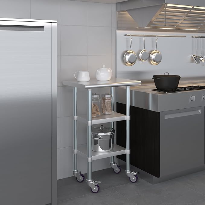 AmGood Stainless Steel Work Table with 2 Shelves and Casters | Metal Utility Table On Wheels (Stainless Steel Work Table with 2 Shelves + Casters, 24" Long x 18" Deep)