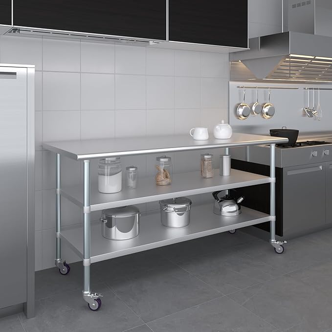 AmGood Stainless Steel Work Table with 2 Shelves and Casters | Metal Utility Table On Wheels (Stainless Steel Work Table with 2 Shelves + Casters, 72" Long x 30" Deep)