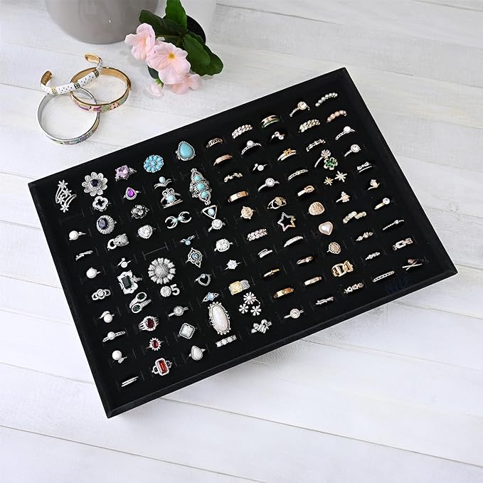 MOOCA 2 Pcs Set 100 Slots Ring Tray Display, Slotted Ring Showcase Display Jewelry Organizer Stand, Jewelry Holder for Showcase for Home Trade Show, Black Velvet