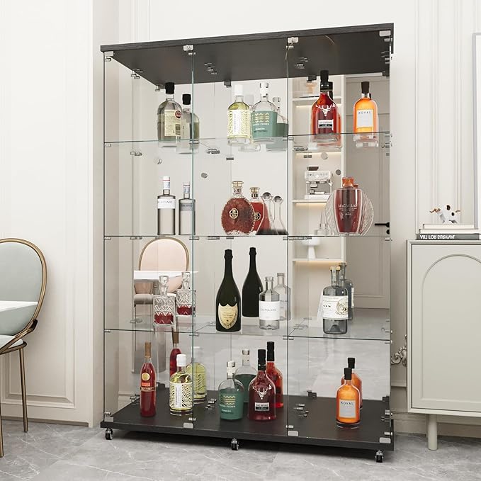 Beauty4U Glass Display Cabinet with Mirror Back Panel, 12 Shelves with 3 Columns, 2 Doors Curio Cabinets for Living Room, Bedroom, Office, Black Floor Standing Glass Bookshelf, Quick Installation