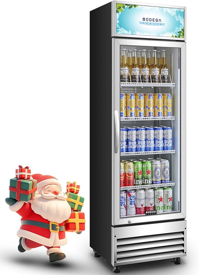 BODEGACOOLER Commercial Merchandiser Refrigerator, 9 Cu.Ft Glass Door Beverage Refrigerator, Upright Beverage Display Cooler with Soft LED Light, Adjustable Shelves, 4 Strong Castors(Stainless Steel)