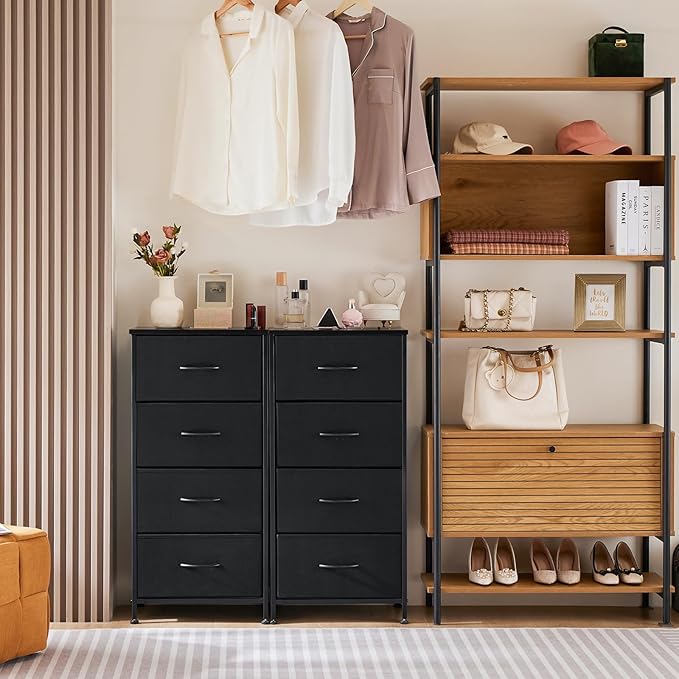 Sweetcrispy Nightstand Small Bedroom Dresser with 4 Fabric Drawers, Bed Side Furniture End Table, Wooden Top Cabinet Night Stand Dresser for Closet, Entryway, Dorm, Black