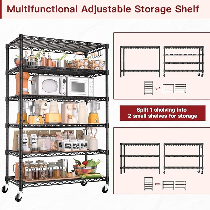 PrimeZone 6 Tier Wire Shelving with Wheels 79''H 1500lbs Storage Shelves NSF Certified Heavy Duty Steel Metal Shelf Adjustable Rolling Rack Kitchen Garage Closet Pantry Laundry 79''HX36''WX16''D 2Pcs