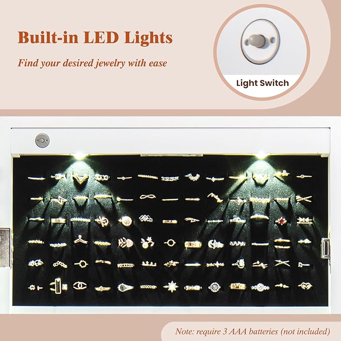 Giantex Jewelry Armoire Wall Door Mounted, Lockable Jewelry Cabinet with 42.5'' Full Length Mirror, 2 LEDs Jewelry Organizer Box with 2 Drawers, Mirror with Jewelry Storage (White)