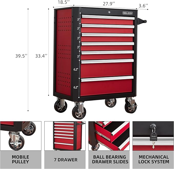 7-Drawer Rolling Tool Chest with Locking Wheels & Drawers, 18.5" D x 27.9" W x 39.5" H Mobile Tool Storage Cabinet, Heavy-Duty Garage Organizer w/Ergonomic Handle